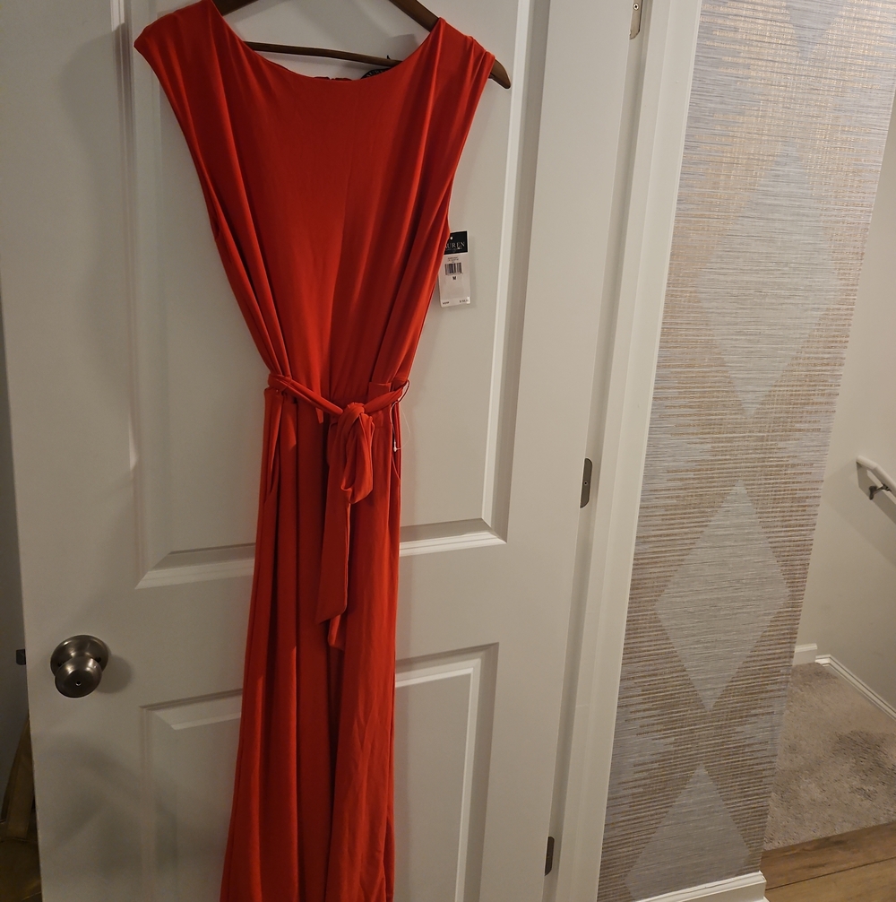 Ralph Lauren Orange-Red Sleeveless Tie-Waist Maxi Dress
